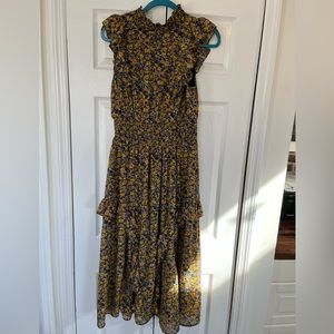 Evalina mustard yellow floral print mock neck midi dress